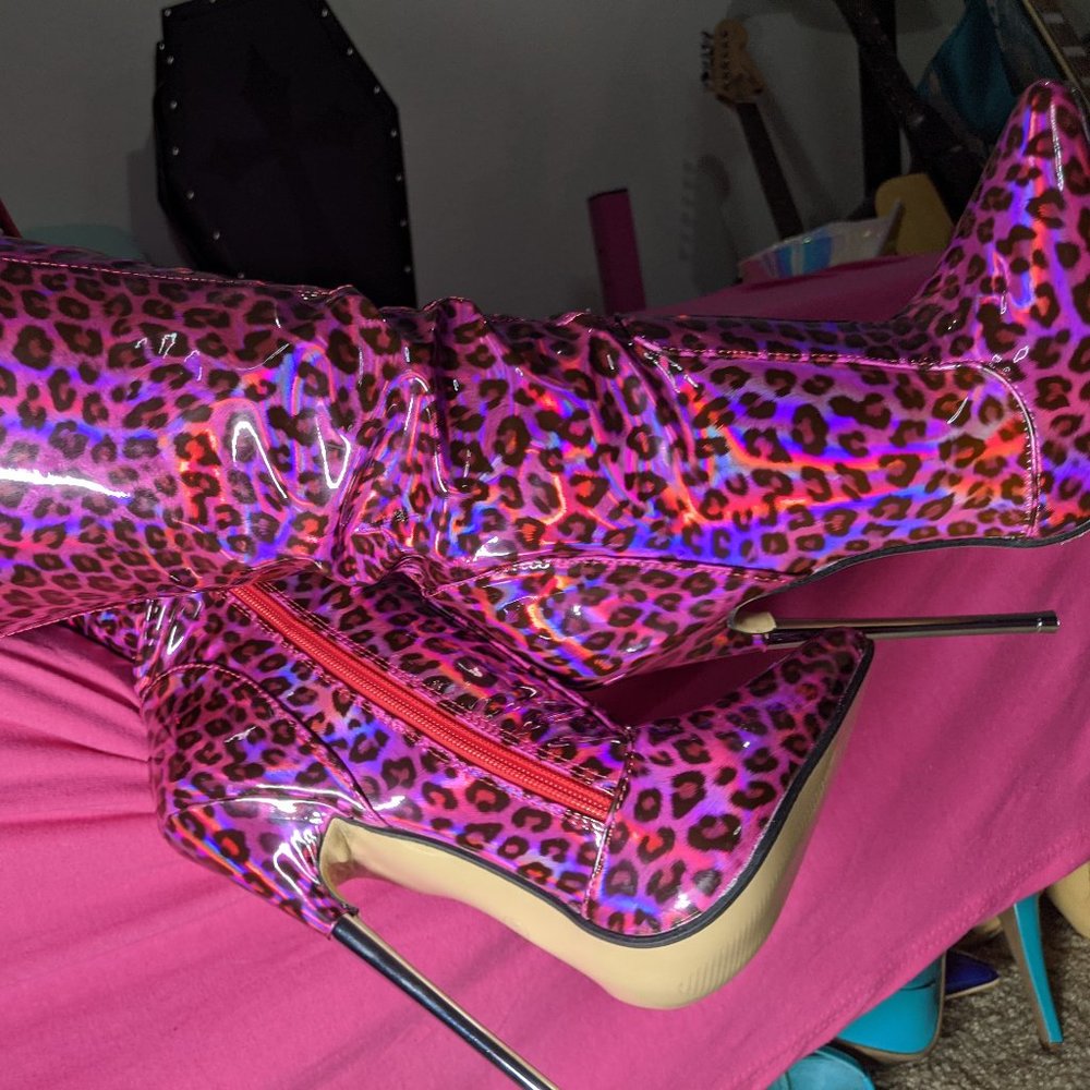 Pink Leopard Print Holographic Vinyl Knee High Stiletto Dominatrix Boots